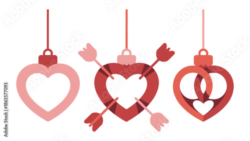 Love's Emblems: Three heart ornaments, suspended against an unknown backdrop, express themes of affection, connection, and the pursuit of love with an elegant simplicity.