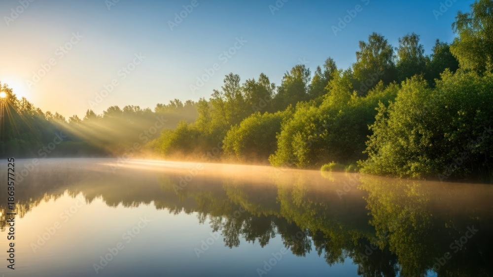 Obraz premium Tranquil lake scene with trees and sunlight reflection