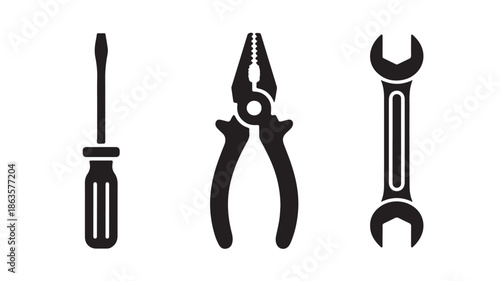 Tools Set in Minimalist Style with Black Silhouette on White Background for DIY Projects