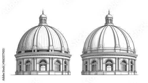 Architectural Harmony: Two symmetrical domes, meticulously drawn with fine lines, stand as a testament to classical design and the beauty of architectural forms.