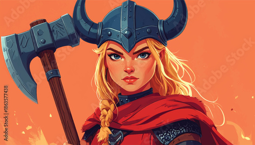Viking Warrior Woman with Axe and Horned Helmet Illustration.