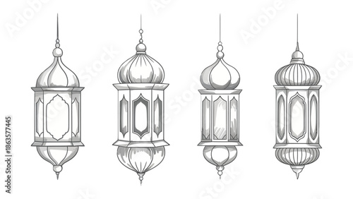 Intricate Lantern Designs: A set of exquisite lantern designs, each with unique architectural details, offering a glimpse into the art of decorative lighting and cultural heritage.