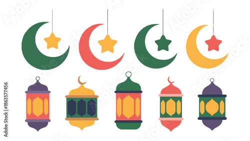 Celestial Lanterns: An array of colorful lanterns and crescent moons, illuminated by stars. conveying a festive and spiritual ambiance.