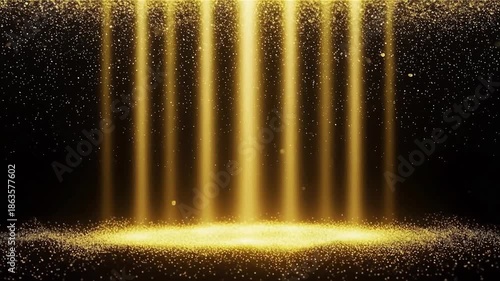 Dazzling Golden Particles Curtain Stage Background with Glowing Beams and Shimmering Dust, Visuals for Award Ceremonies and Celebration Events.