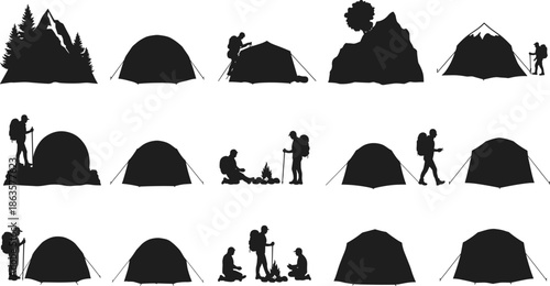 Camping silhouettes with hikers, mountain tents, outdoor adventure, campfire, trekking backpackers, wilderness exploration, mountaineering, forest camping, survival gear, outdoor lifestyle photography