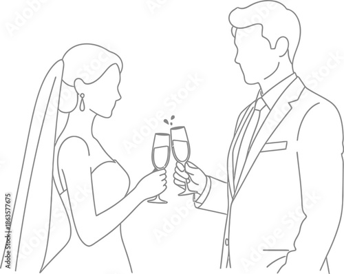 Elegant wedding toast illustration of bride and groom celebrating with champagne flutes