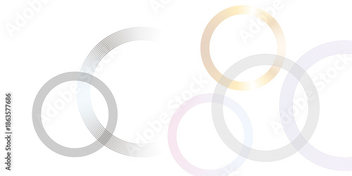An abstract arrangement of overlapping translucent circles in gold silver and rose gold tones on a white background