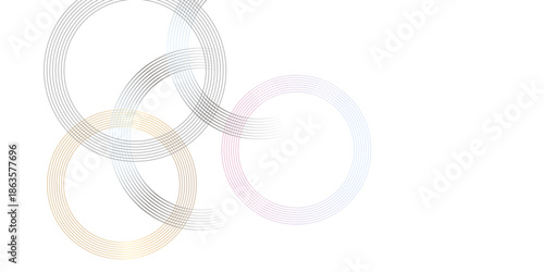 An abstract composition featuring overlapping translucent rings in pastel shades of pink gray and beige on a white background