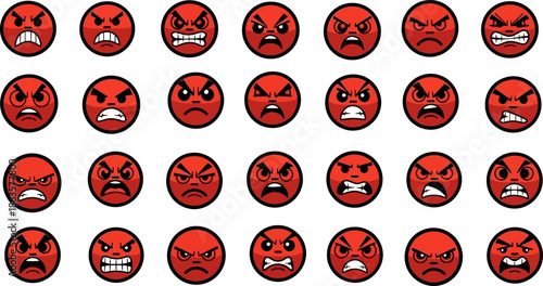 Collection of Angry Red Emoji Icons Depicting Negative Emotions and Frustration