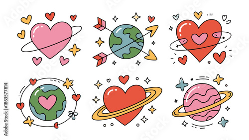 Cosmic Hearts and Planets: A collection of cute, hand-drawn illustrations featuring hearts and planets, evoking feelings of love and affection. Each design has its own unique style.