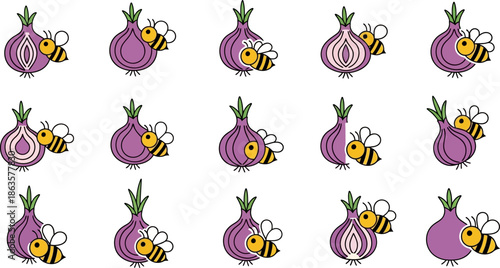 Whimsical Onion and Bee Pattern: A Sweet and Savory Cartoon Illustration Concept