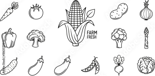 Black and white outline of farm fresh vegetables perfect for coloring book illustrations