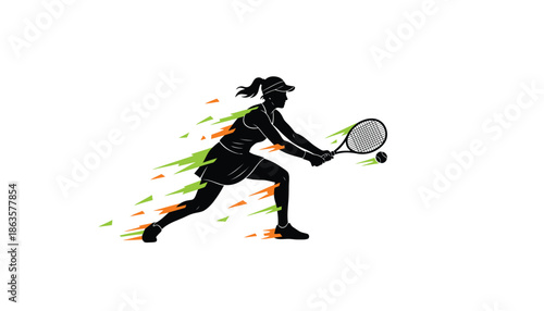 Female Tennis Player Hitting Ball with Racket in Motion
