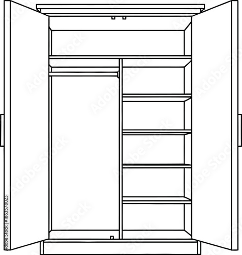 Detailed line drawing of an open wardrobe showcasing storage solutions and design details ideal
