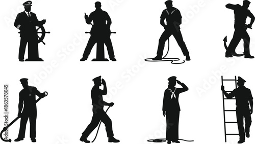 Captain steering ship wheel, sailor silhouettes, marine workers, anchor handling, crew members, navy officers, nautical people, seafarer team, maritime job 