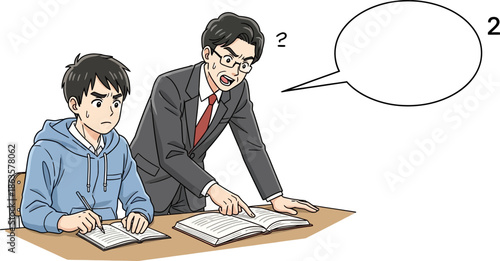 Annoyed teacher explaining lesson to a confused student in an academic setting with speech bubble