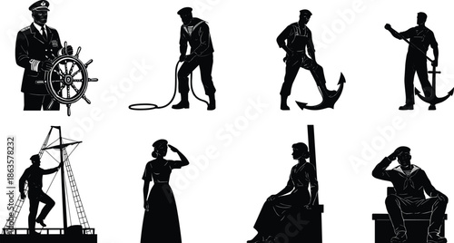 Captain with ship wheel, sailor crew silhouettes, maritime workers, anchor control, navy officer, seafarer staff, nautical people, marine profession, ocean transportation
