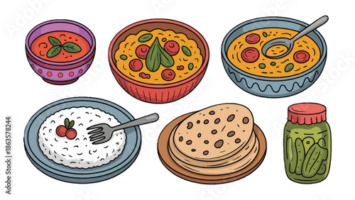 Exotic Flavors Unveiled: A vibrant assortment of culinary delights from far-off lands, arranged to showcase a symphony of aromas and tastes. Featuring diverse dishes in various bowls.