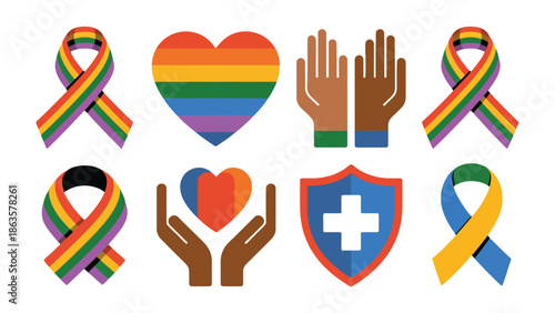Symbol of Equality and Inclusion: A vibrant collage of symbols represents unity, acceptance, and diversity, featuring rainbow ribbons, hearts, and protective shields.