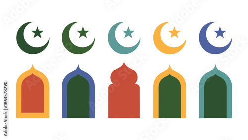 Islamic Abstract Symbol: A collection of vibrant illustrations, featuring crescent moons with stars and architectural elements.