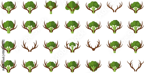 Seamless pattern of broccoli florets with deer antlers a whimsical vegetarian theme nature concept