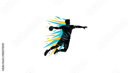 Black Silhouette Man Kicking Soccer Ball with Blue and Yellow Streaks
