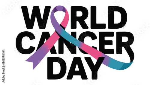 World Cancer Day: A symbol of solidarity and awareness, the image features the words WORLD CANCER DAY elegantly designed. A ribbon intertwines adding a visual representation.
