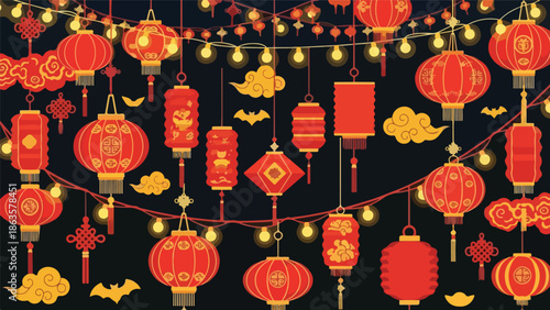 Vibrant Chinese New Year background vector with red lanterns and golden decorations on a black backdrop, creating an exclusive 4K HD design for Lunar New Year celebrations.