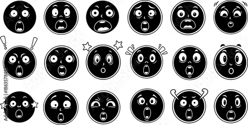 Collection of surprised and shocked emoji vector illustration in black and white style icons