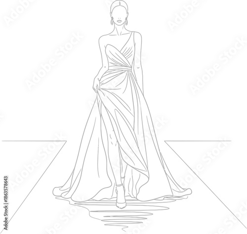 Elegant fashion illustration of a woman in gown showcasing couture on runway minimalist art style