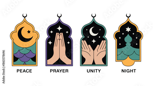 Islamic Ramadan Greeting Symbols: Artistic representations of the Islamic Ramadan season, focusing on peace, prayer, unity, and the night, expressed through stylized symbols.