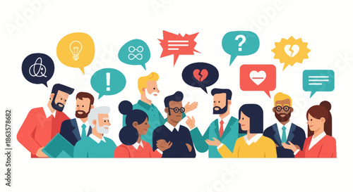 Diverse group of people exchanging ideas and expressing feelings in speech bubbles concept