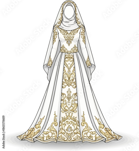 Elegant muslim wedding dress illustration with gold embellishments perfect for invitations or