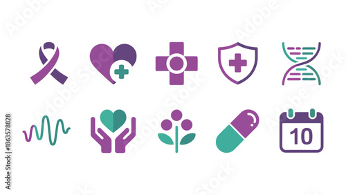 Healthcare Icons Collection: A set of vibrant health symbols represents medical concepts like cancer awareness, heart health, protection, and genetic research.