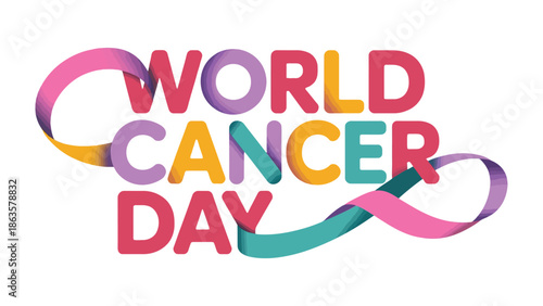 World Cancer Day Awareness: A vibrant and colorful design, prominently featuring World Cancer Day with a stylized ribbon, serves as a powerful symbol of support, awareness.