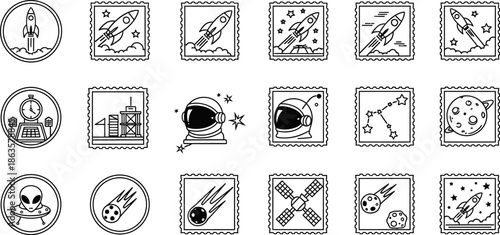Collection of space exploration themed icons and elements in a minimalist stamp style design