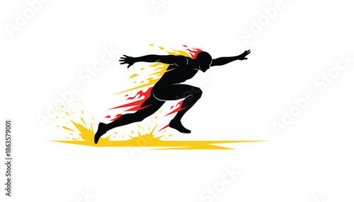 Runner Silhouette Sprinting Fast with Fire Effects on White Background
