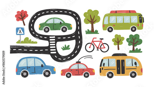 Transportation Town: A whimsical illustration showcases the vibrant world of transportation. A playful composition includes various modes of transport.