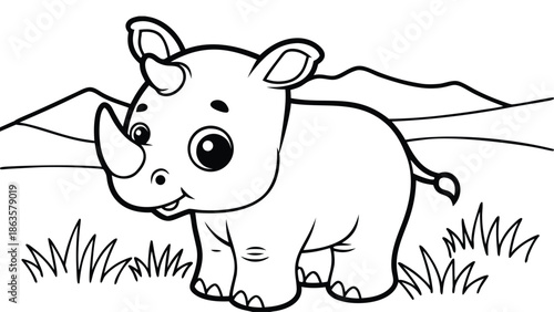 Cute cartoon baby rhinoceros in savanna landscape coloring book page