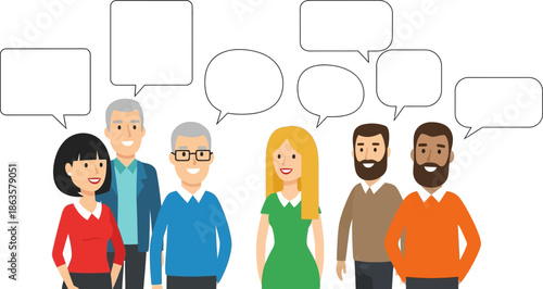 Diverse group of people communicating with speech bubbles, teamwork and discussion illustration