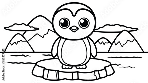 Cute cartoon baby penguin standing on ice floe coloring page vector illustration for children