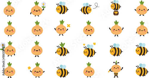 Charming pattern featuring adorable kawaii style onions and bees with delightful expressions and