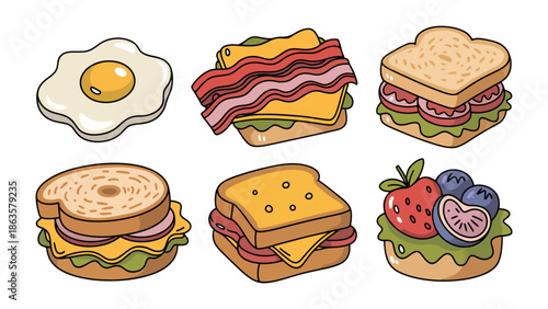 Culinary Collection: An array of appetizing culinary creations, featuring a perfectly fried egg and various enticing sandwich and dessert combinations.