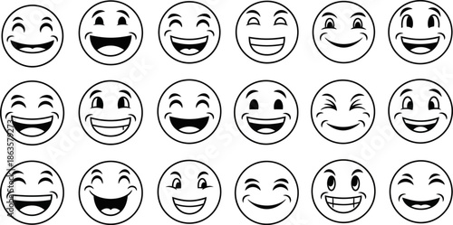 Seamless pattern of black and white smiley face icons expressing various emotions creating a fun