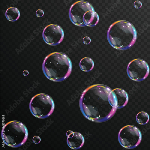 Realistic Iridescent Soap Bubbles Set on Transparent Background