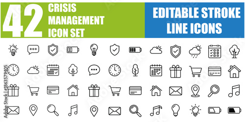 Crisis Management Icon Set - Risk, Strategy, Emergency, Recovery, Planning, Protection, Decision, Business, Finance, Contingency, Resilience, Problem-Solving and More - Editable Line Icons, Vector Ill