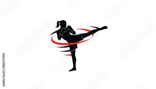 Female Kickboxer Kicking with Red Motion Lines Silhouette