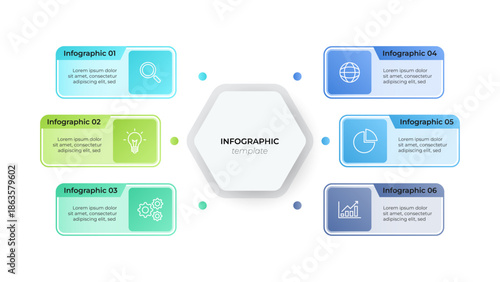 Minimalist 6 option infographic layout for corporate presentations. Circular flow diagram with Icons and text placeholders. Vector illustration.