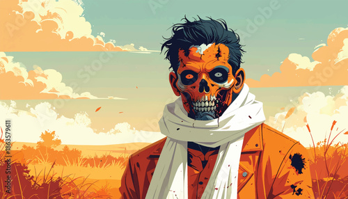 Zombie Portrait with Scarf and Orange Jacket in Field.