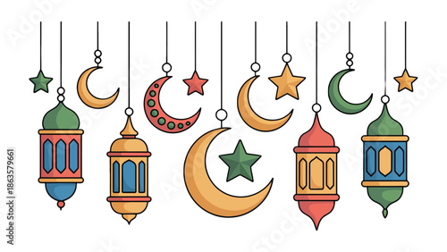 Festive Ramadan Decorations: A colorful array of traditional lanterns and crescent moon hang gracefully, evoking a sense of joy and reflection during Ramadan.